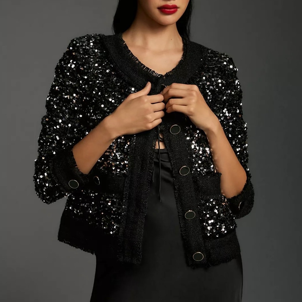 New Anthropologie Black  Silver Sequin cropped Jacket